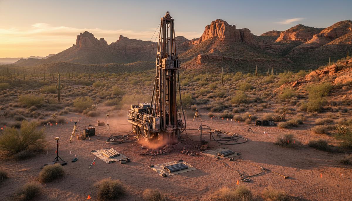 Corcel Exploration начинает бурение на медно-золотом проекте Yuma King Буровая установка на участке геологоразведочных работ в скалистой пустыне Аризоны на закате.