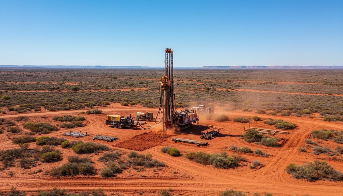 Critica начала бурение на проекте Jupiter в Западной Австралии Современная установка для бурения в пустынном красноземе Западной Австралии. Геологоразведочные работы на месторождении.