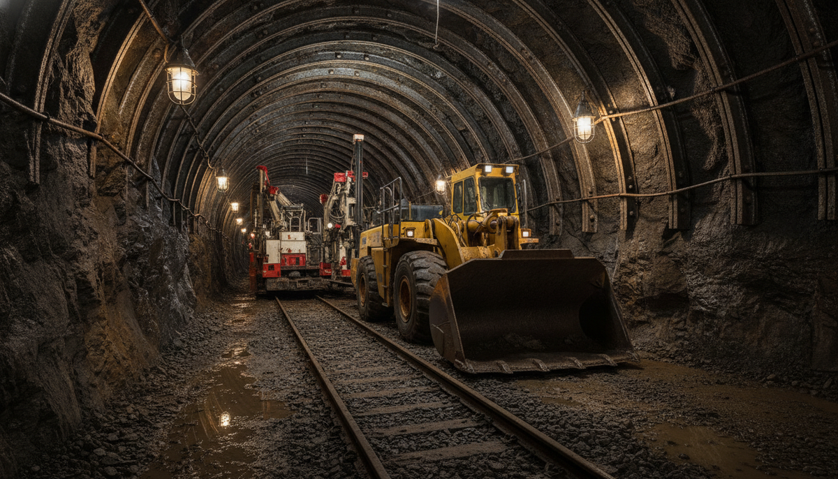 Cornish Metals отчиталась о прогрессе на оловянном проекте Саут-Крофти Подземный тоннель оловянного рудника Саут-Крофти с рельсами, стальными креплениями и горнодобывающим оборудованием.