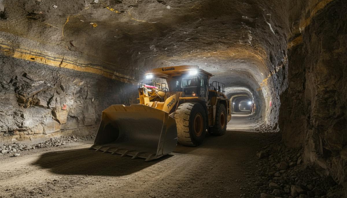 Современный желтый подземный погрузчик Sandvik в освещенном тоннеле золотодобывающей шахты в Австралии.