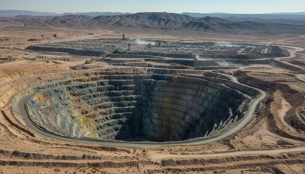 Anglo Asian и Worley оценят проект по производству меди в Азербайджане Панорамный вид на медный карьер с террасными стенами в засушливой горной местности. На заднем плане видна установка кучного выщелачивания.