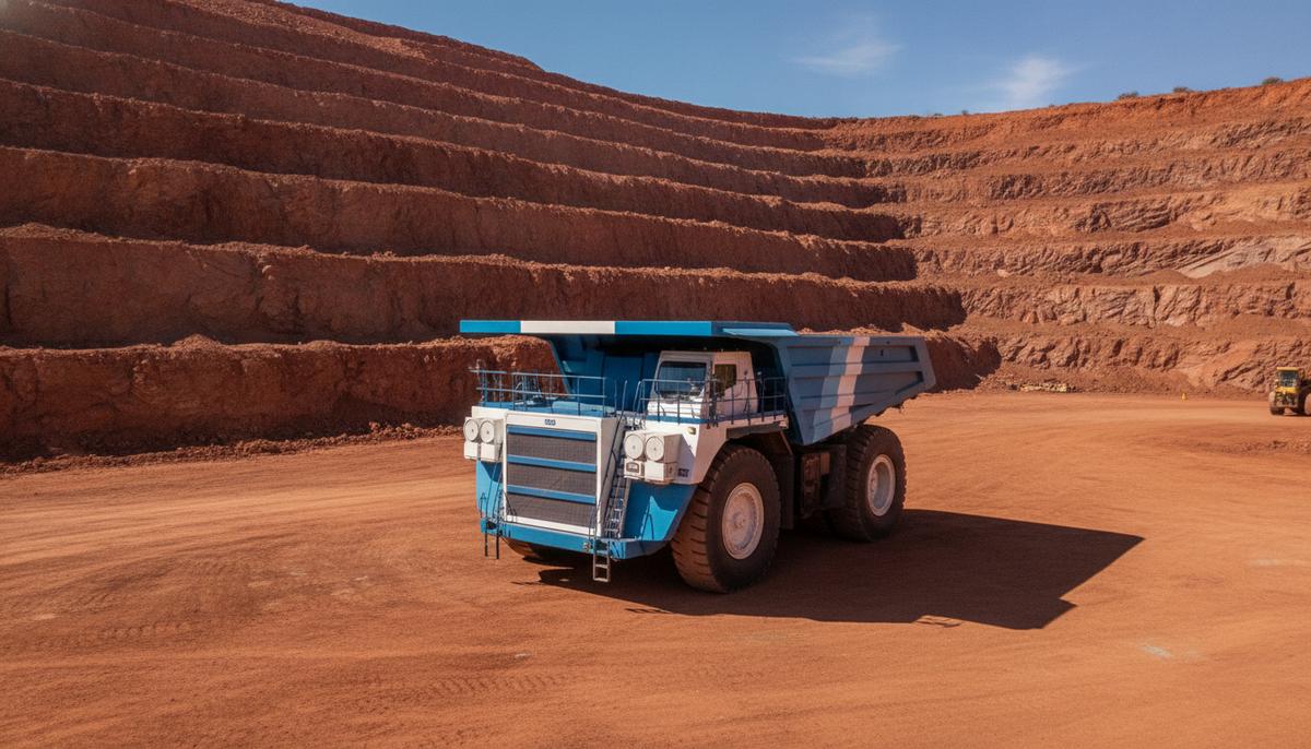 BHP, Rio Tinto и Caterpillar тестируют электросамосвалы в Австралии Огромный электрический карьерный самосвал на фоне террас железорудного карьера в регионе Пилбара, Австралия.
