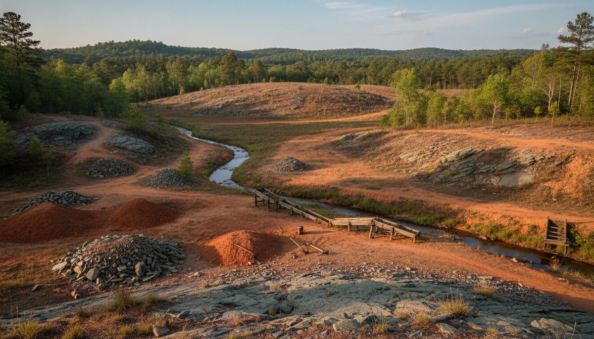 Холмистый лесной ландшафт Каролинского сланцевого пояса, известного месторождениями золота, с характерной красноватой почвой и геологическими формациями.