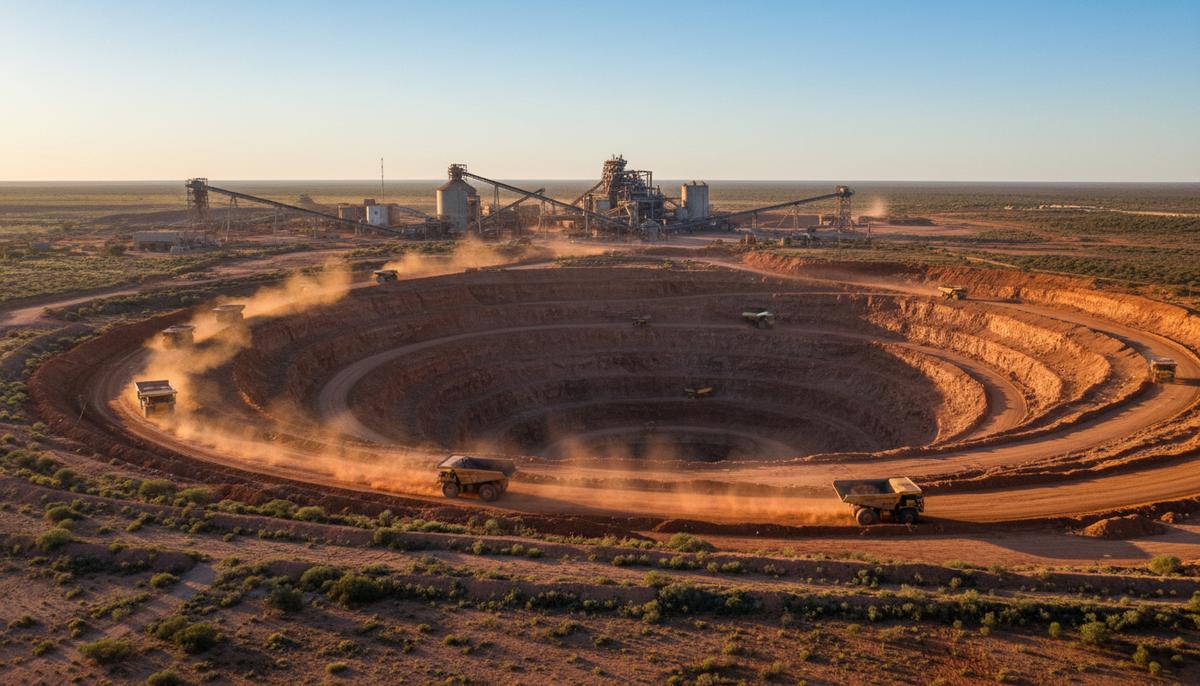 Genesis и Vault Minerals сольются в сделке на A$12,6 млрд в Австралии Крупный карьер по добыче золота в австралийской пустыне с карьерными самосвалами на дорогах и обогатительной фабрикой на фоне.