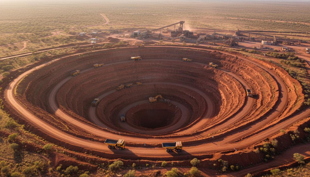 Rio Tinto увеличила продажи руды на фоне снижения добычи меди Вид с воздуха на огромный карьер по добыче железной руды в регионе Пилбара, Австралия, с террасами и горнодобывающей техникой.