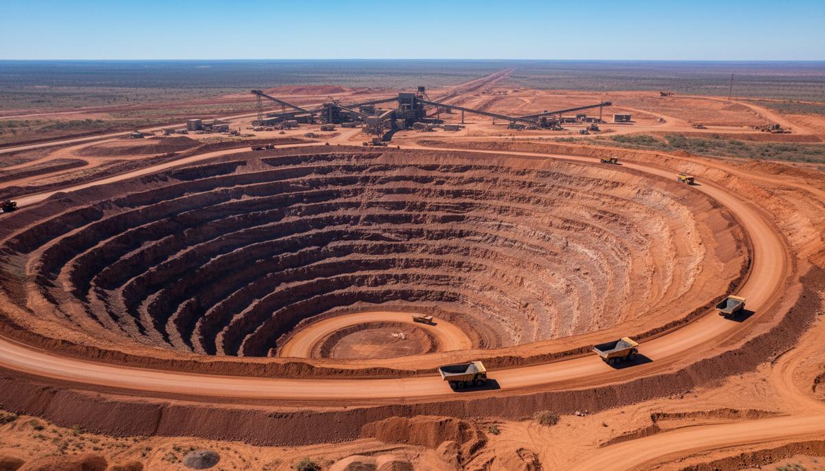 BHP инвестирует $900 млн в новый железорудный проект в Австралии Карьер по добыче железной руды в регионе Пилбара, Австралия. Красная земля, многоуровневые террасы и карьерная техника.