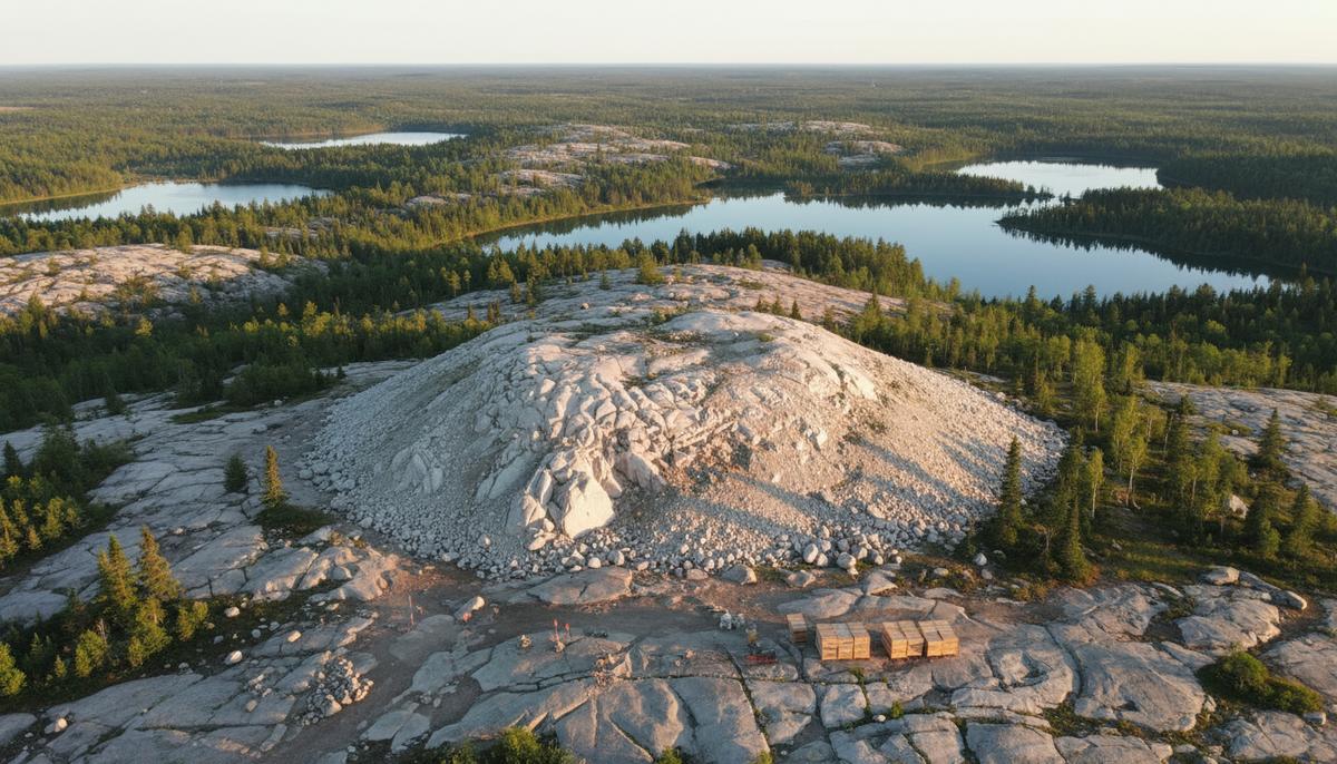 Battery Age Minerals расширяет литиевый проект Falcon Lake в Канаде Скальное обнажение сподуменового пегматита в канадской тайге на месте геологоразведки литиевого месторождения.