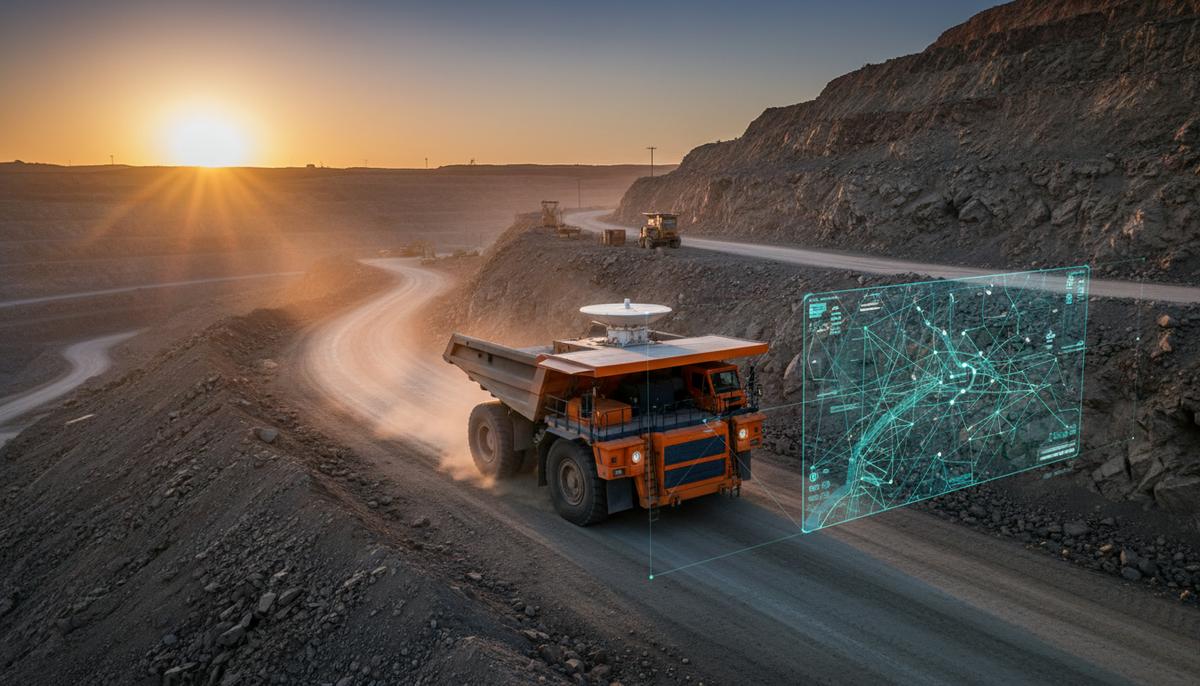 MaxMine внедряет ИИ и GPS для повышения производительности в горной добыче Огромный карьерный самосвал с GPS-антенной на крыше в открытом руднике на рассвете, окруженный цифровой 3D-картой местности.