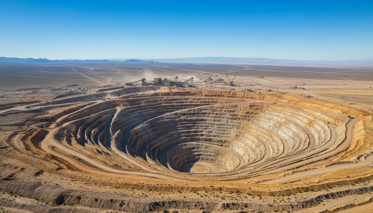 AngloGold Ashanti увеличила прибыль на 58% несмотря на снижение добычи Панорамный вид крупного карьера по добыче золота с террасами и технологическими дорогами в засушливой местности. Современный горнодобывающий комплекс.