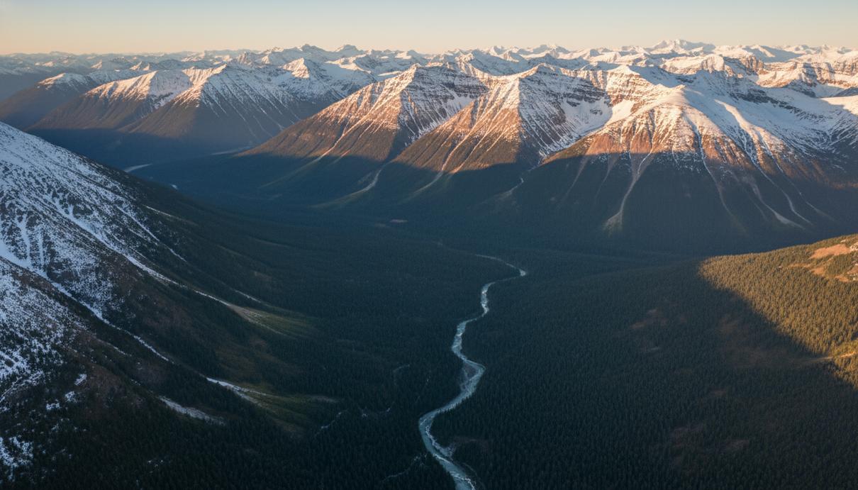 Панорамный вид на скалистый горный хребет в Золотом треугольнике Канады с видимыми минеральными жилами золота и меди.