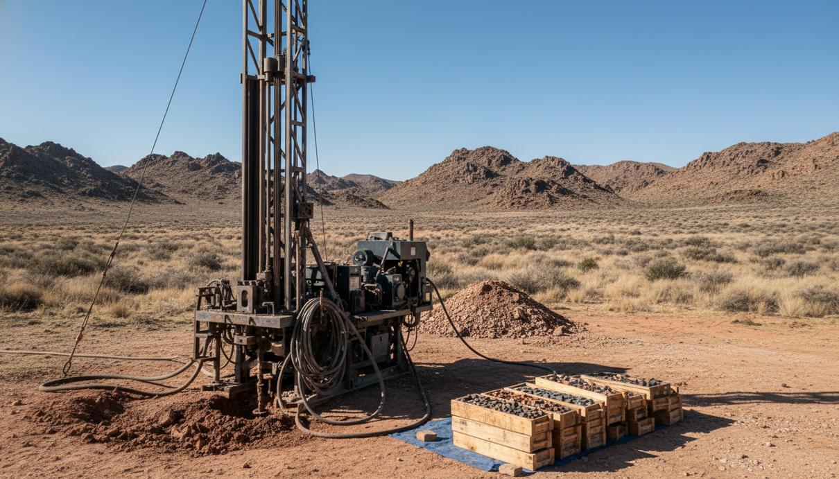 Буровая установка для геологоразведки в засушливой каменистой пустыне Невады на фоне холмов под ясным небом.