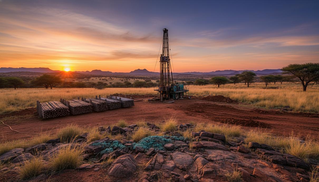 Буровая установка для разведочных работ в полузасушливом скалистом ландшафте Намибии на рассвете.
