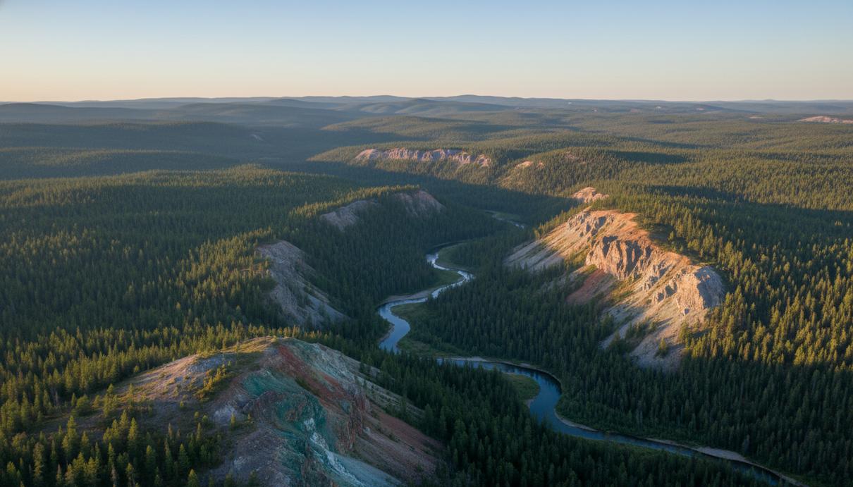 Горный пейзаж в округе Оминека, Британская Колумбия. Скалистые выступы с признаками минерализации, хвойный лес и долина.