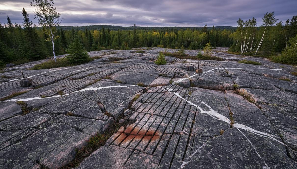 Скалистый участок в канадском лесу с обнаженной породой, где видны следы геологоразведки и кварцевые жилы.