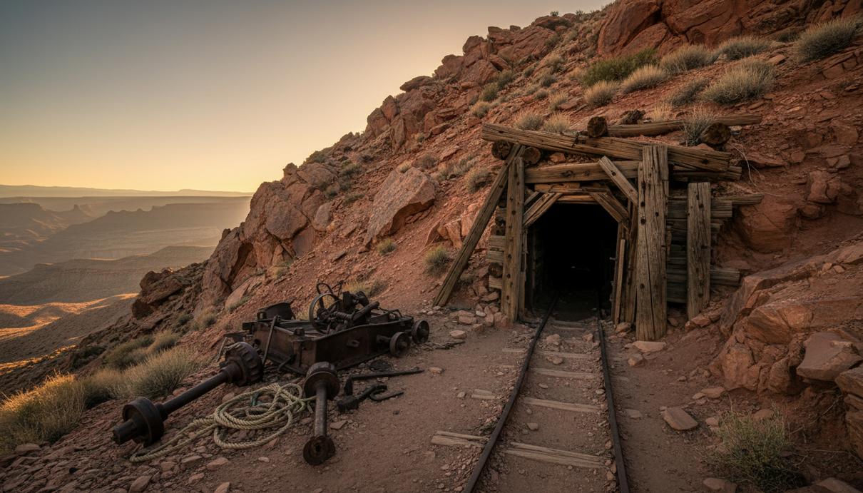 Вход в старую шахту рудника Apex в скалистой, засушливой местности штата Юта, США, на закате.