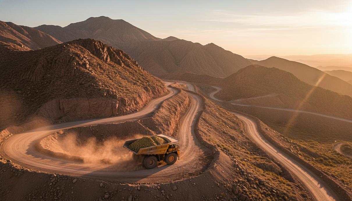 Большой карьерный самосвал перевозит золотую руду по грунтовой дороге на фоне засушливого горного пейзажа Аргентины на рассвете.