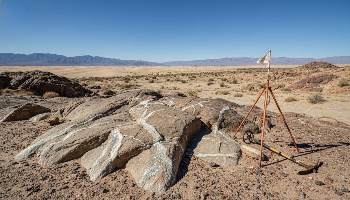 Засушливый пустынный ландшафт Калифорнии с каменистыми выходами, в которых видны минеральные жилы редкоземельных металлов.