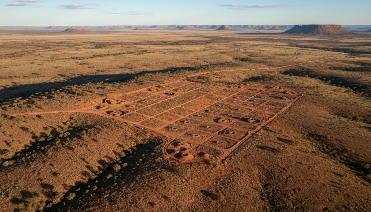 Участок геологоразведки в засушливом скалистом ландшафте региона Гаскойн, Западная Австралия. На красноватой земле видны следы буровых работ и колеи от техники.