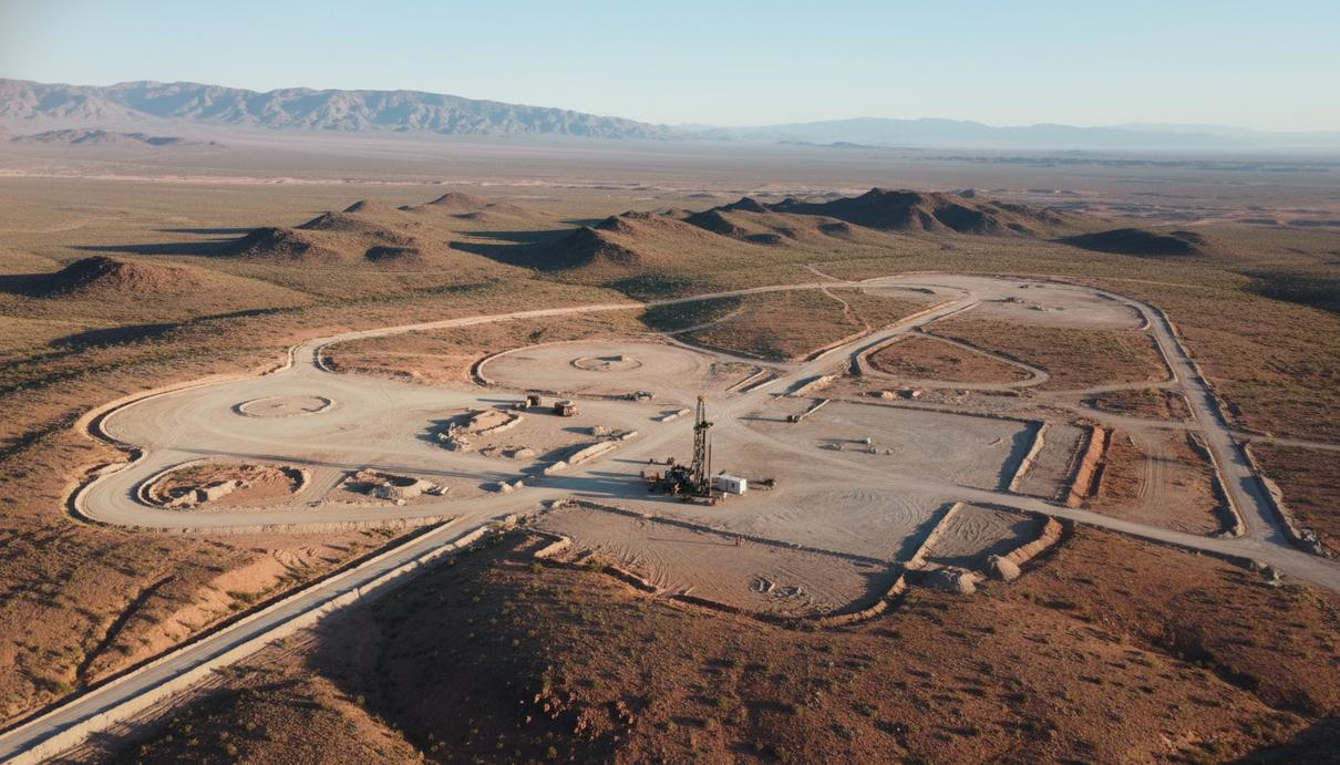 Площадка для добычи серебра на проекте Tonopah West в пустыне Невады, вид на буровую установку и подготовленную территорию.