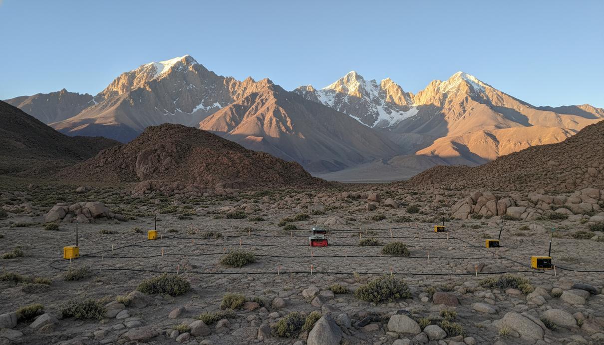 Геофизическое оборудование для разведки на фоне засушливого горного ландшафта в чилийских Андах.