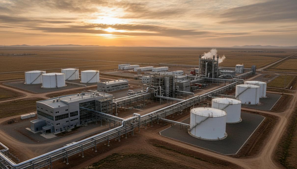 Lindian Resources приобретает завод по переработке РЗЭ в Казахстане Промышленный комплекс по переработке редкоземельных металлов с резервуарами и трубопроводами в степном ландшафте Казахстана.