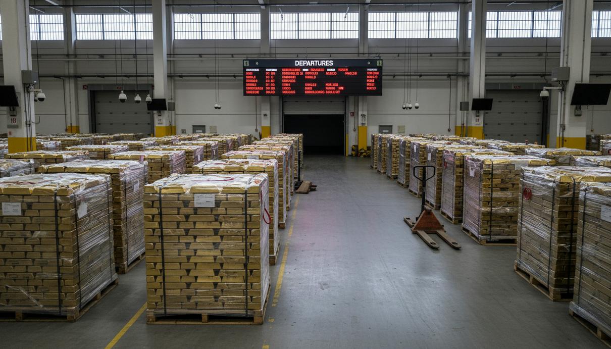 Штабеля золотых слитков на поддонах в пустом и охраняемом грузовом терминале аэропорта, символизирующие остановку поставок.