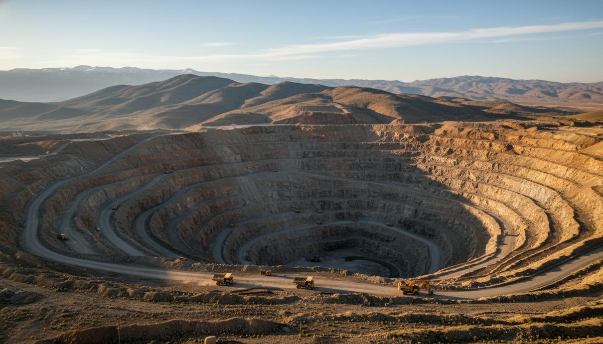 Крупный карьер золотодобывающего рудника в горной местности Турции. Видны террасы выработки и тяжелая техника.