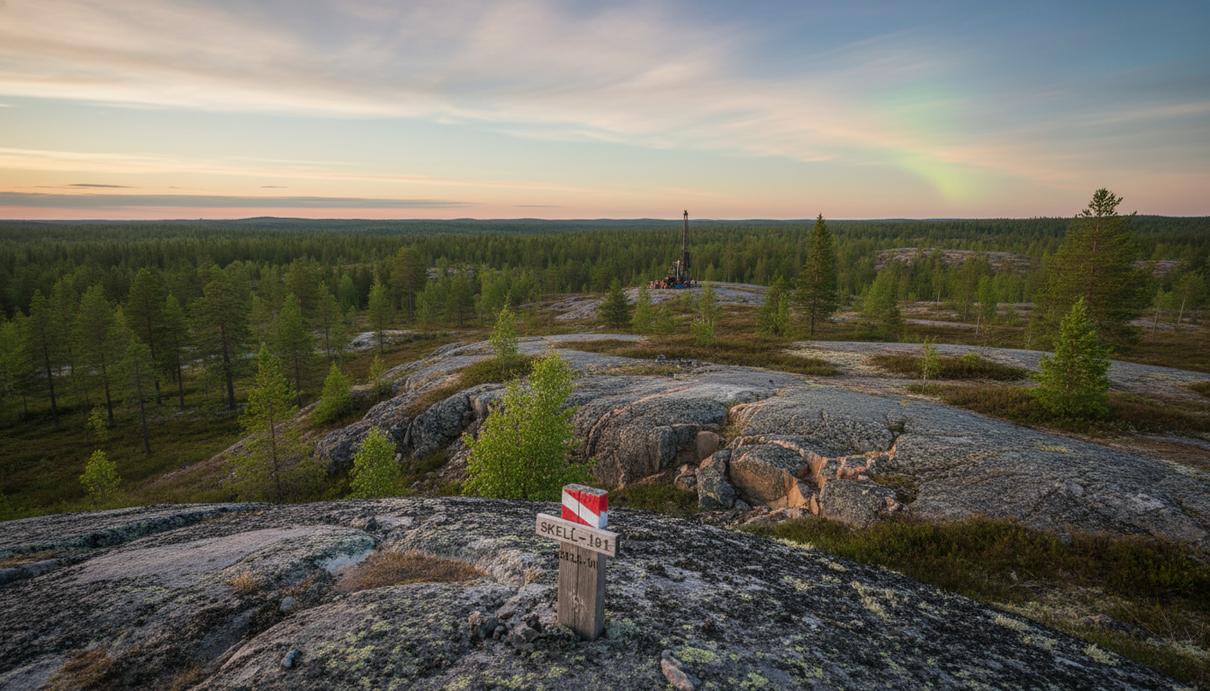 Суровый скалистый пейзаж горнодобывающего района Шеллефте в Швеции с бореальным лесом и признаками геологоразведки.
