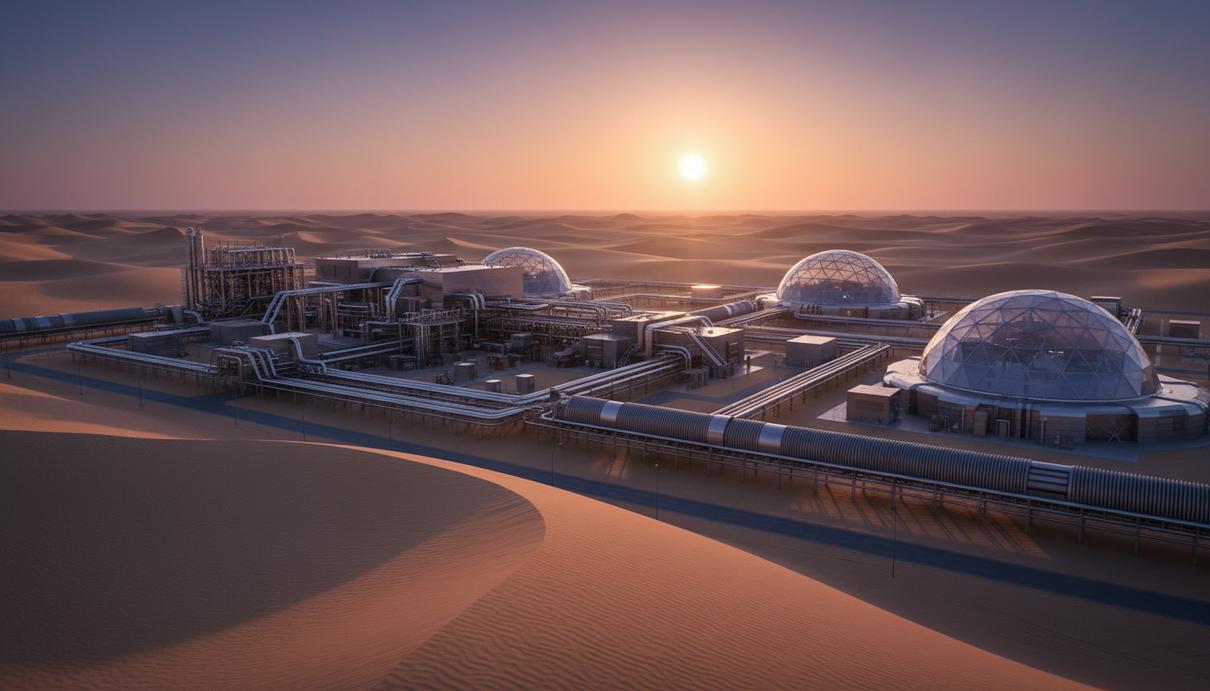 Современный завод по переработке минералов с металлическими конструкциями и трубопроводами в пустыне на рассвете.
