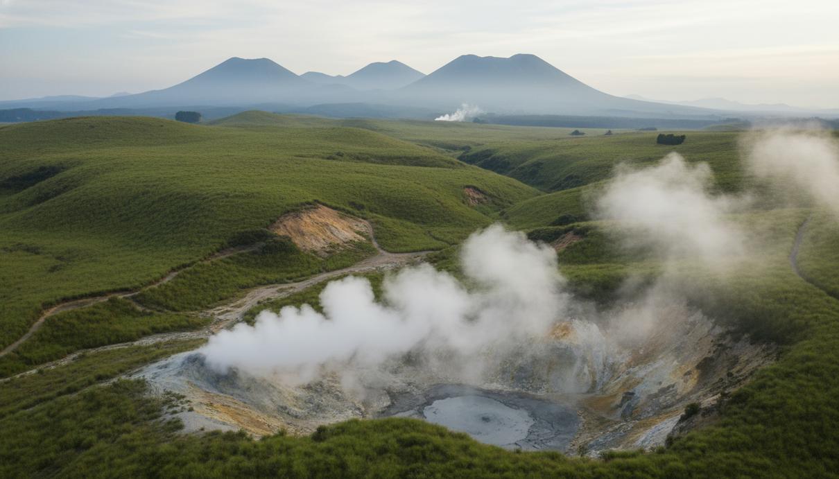 Пейзаж вулканической зоны Новой Зеландии: зеленые холмы, пар из геотермальных разломов, следы разведки золота.