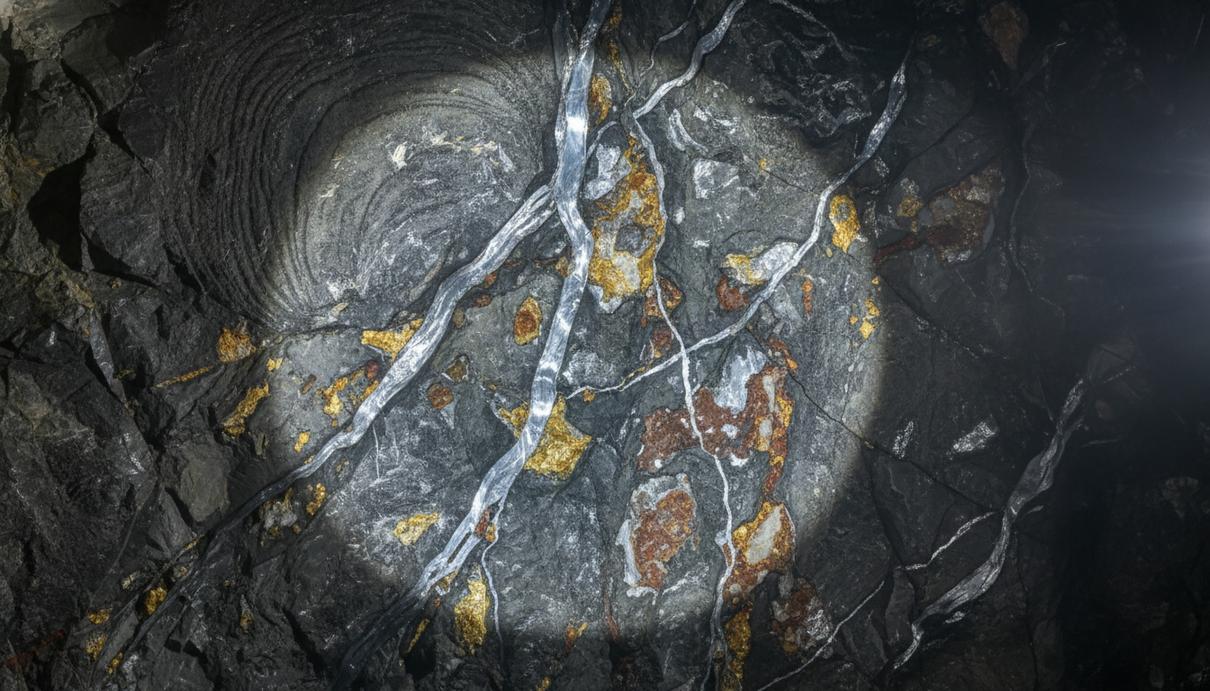Стена горной породы в подземном руднике с ярко выраженными блестящими жилами серебра, золота и других ценных металлов.