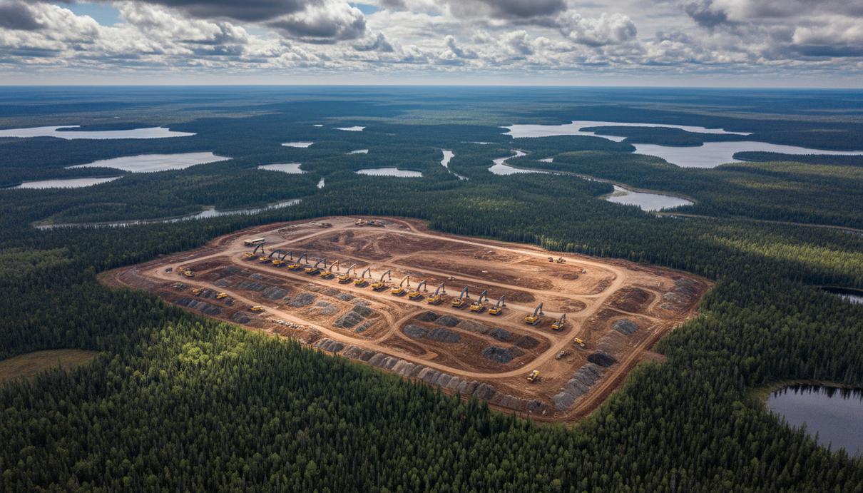 Панорамный вид на строительную площадку уранового рудника Rook I в бассейне Атабаска, Канада. Тяжелая техника на фоне северного леса.