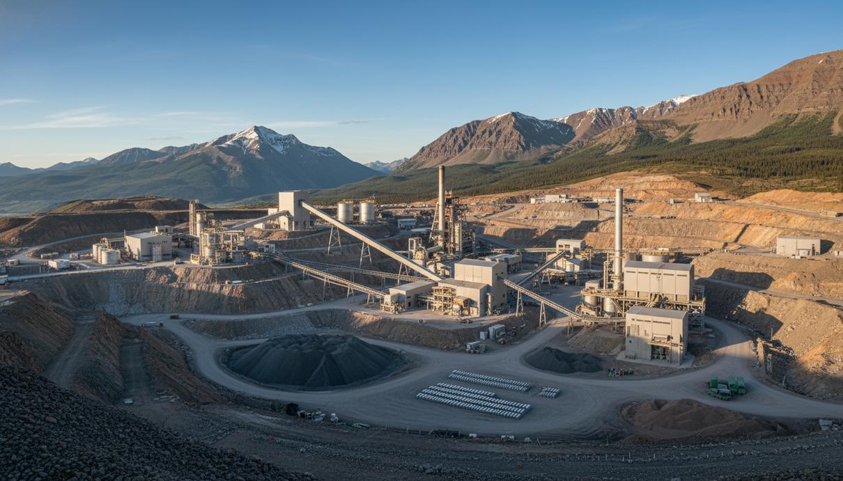 Современный горно-обогатительный комбинат по добыче сурьмы на фоне горного пейзажа в Монтане, США.