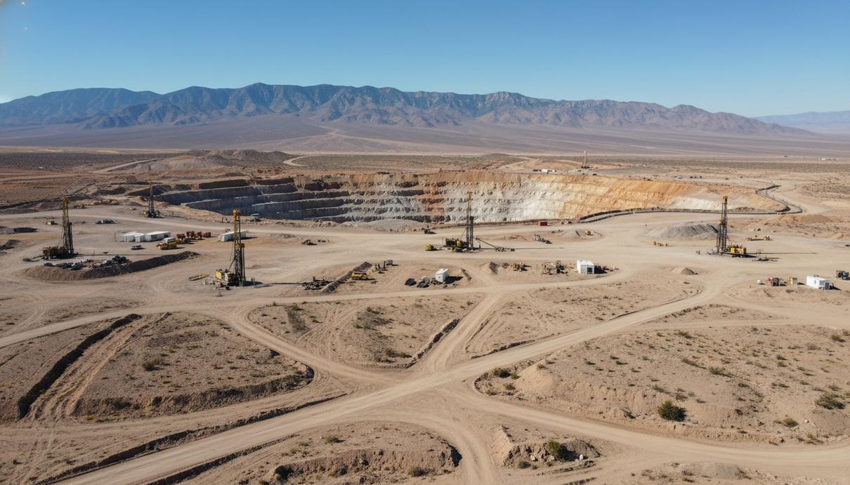 Обширный карьер по добыче золота и серебра в засушливой пустынной местности Невады на фоне гор с буровым оборудованием.