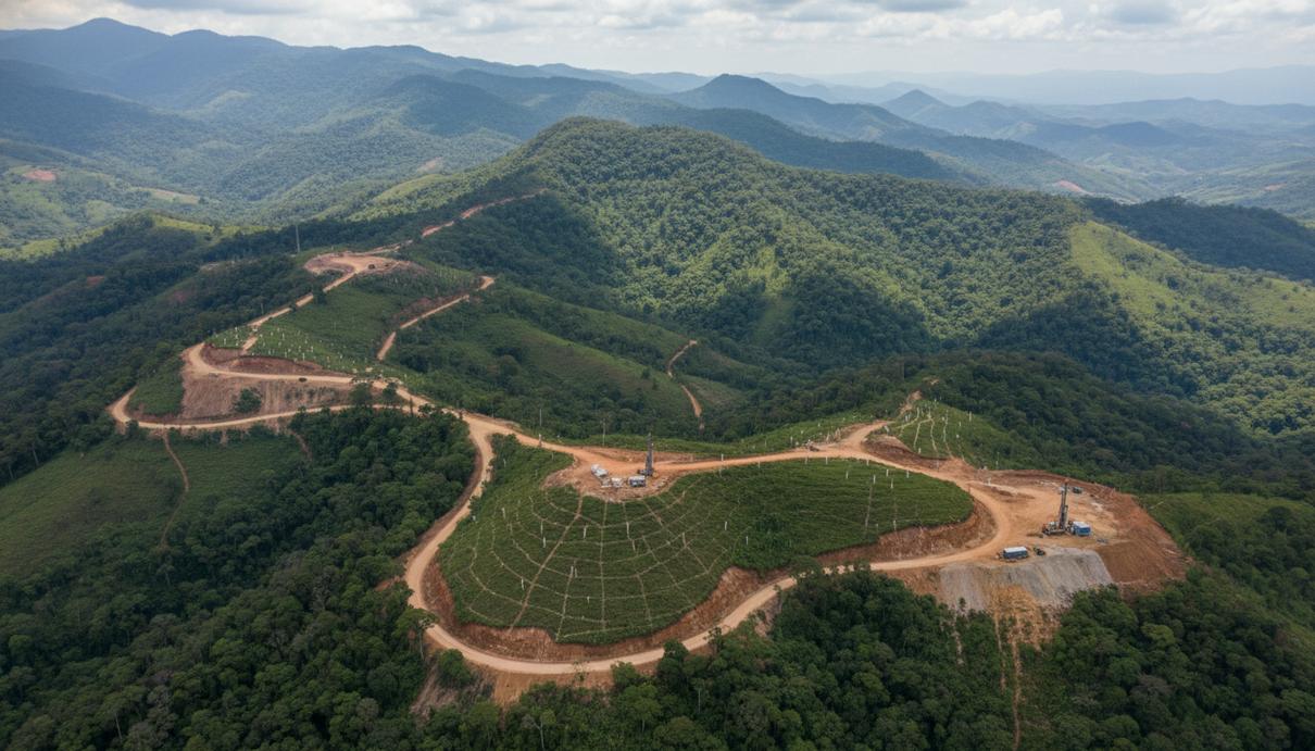 Вид на горную местность в Колумбии с грунтовыми дорогами и площадками для проведения геологоразведочных работ.
