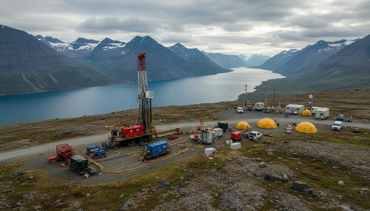 Буровая установка и лагерь геологов на скалистом берегу арктического фьорда в Гренландии