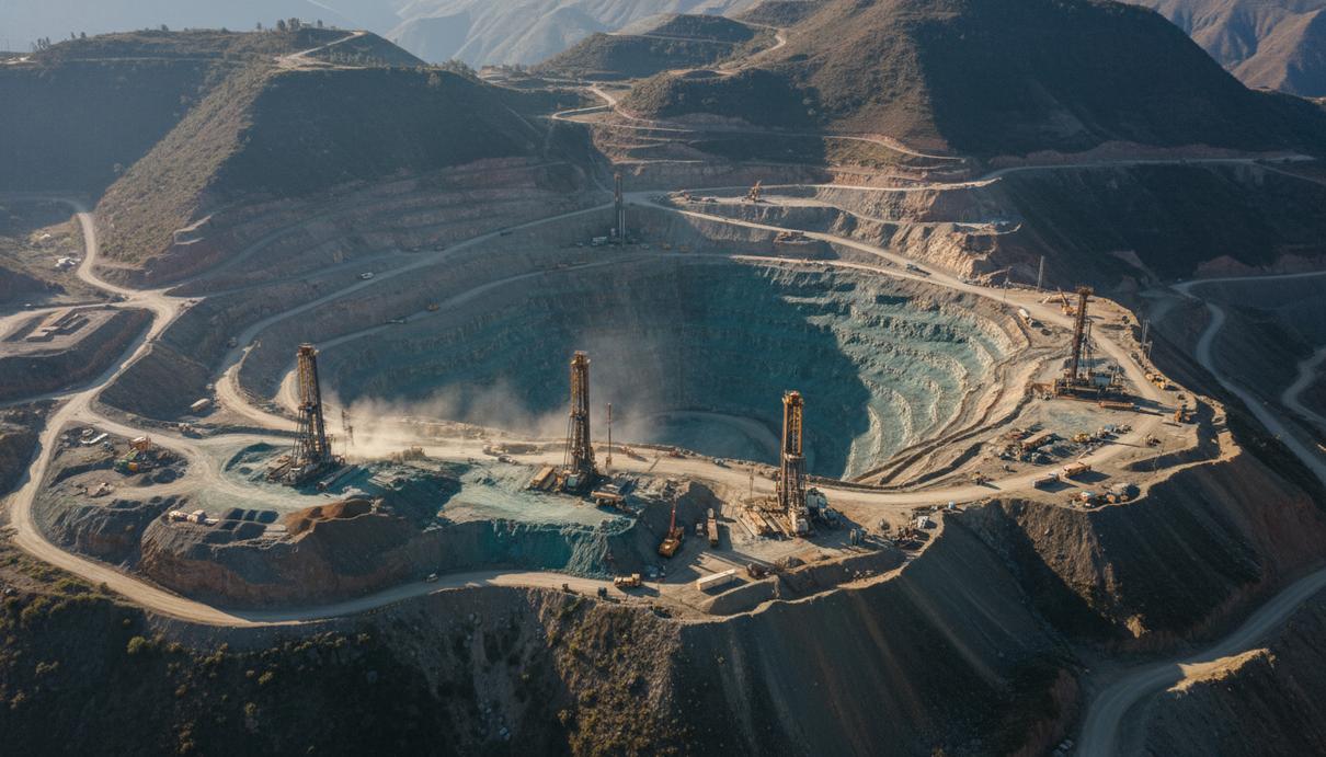 Панорамный вид на территорию медного месторождения в горах Перу с террасами и техникой.