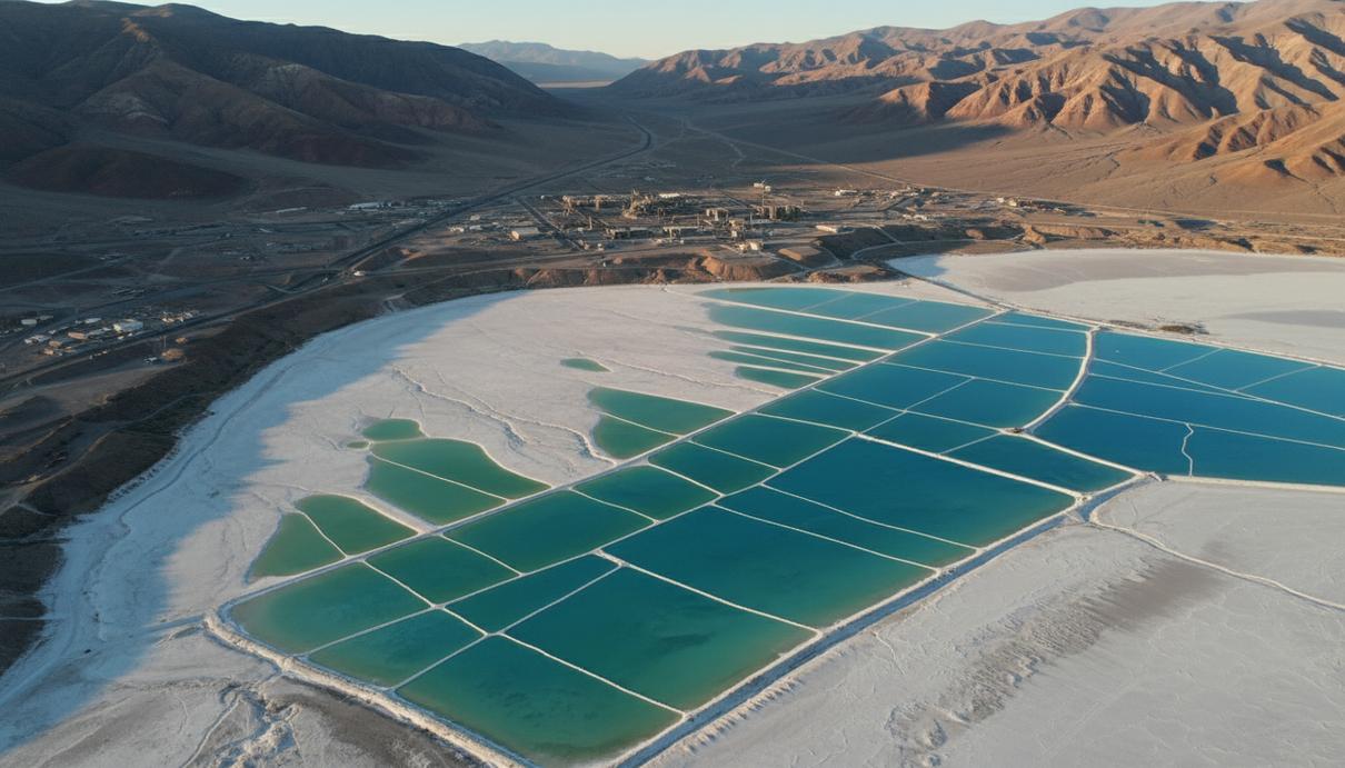 Вид сверху на литиевые отстойники с бирюзовой водой и белой солью на фоне гор в Аргентине