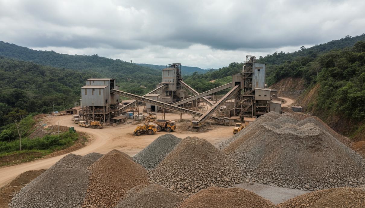 Промышленное здание золотоизвлекательной фабрики и груды необработанной руды в горах Колумбии.