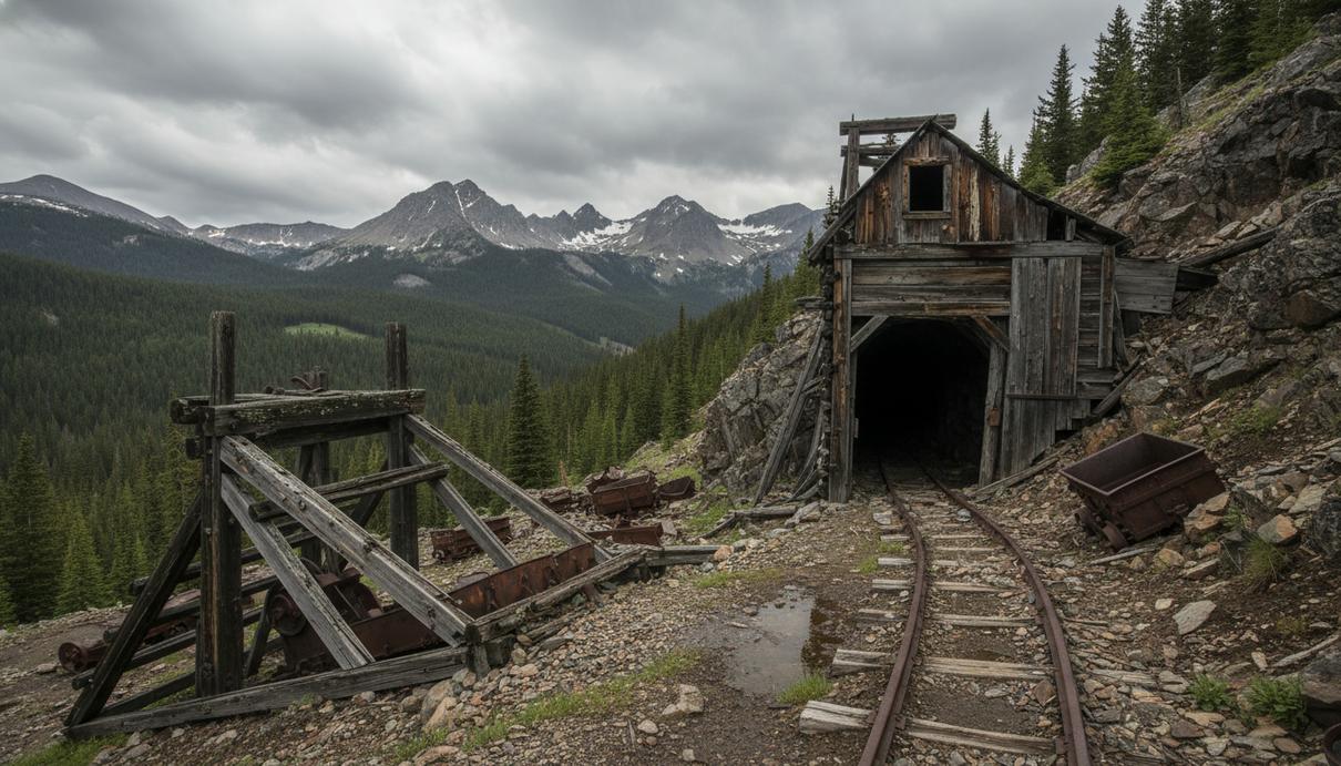 Вход в старую шахту в горной местности Айдахо с деревянными креплениями и рельсами среди хвойного леса