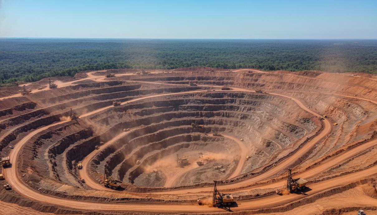 Вид на террасы открытого никелевого рудника в Бразилии с промышленной техникой на фоне леса