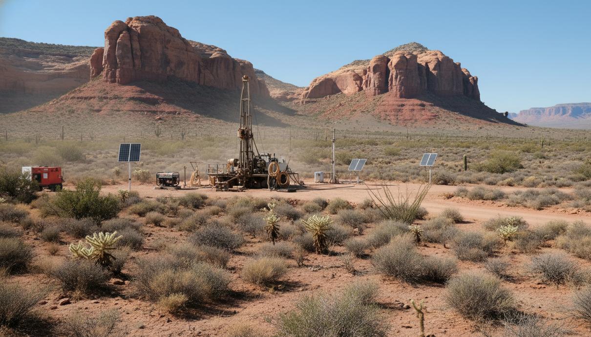 Пейзаж пустыни в штате Аризона с красными скалами, редкой растительностью и оборудованием для геологоразведки