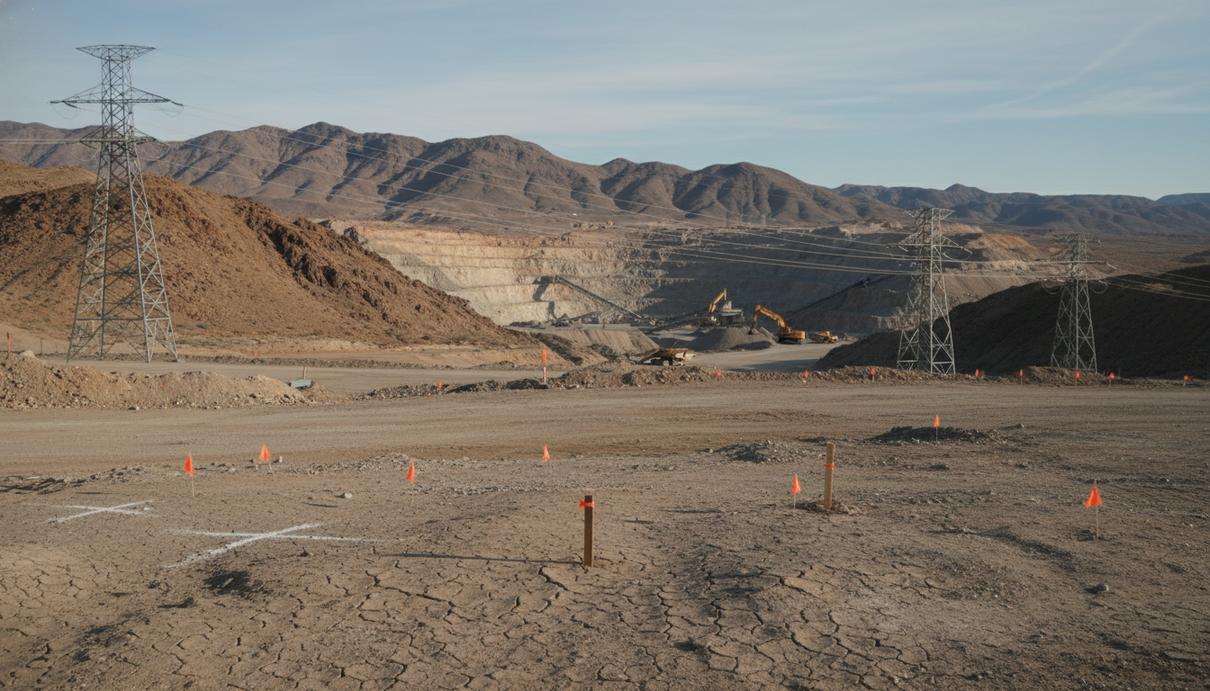 Панорамный вид на засушливый горный ландшафт в Калифорнии с признаками проведения геологоразведочных работ.