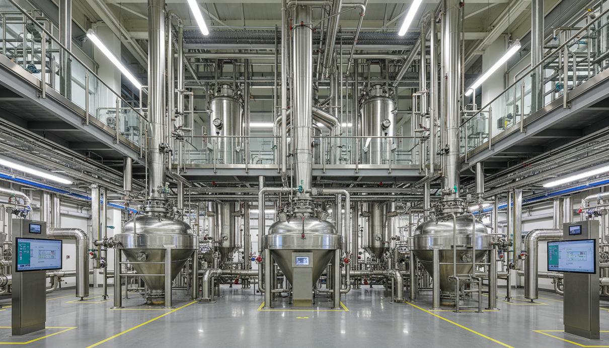 Промышленное оборудование и стальные резервуары для переработки минерального сырья в заводском цеху