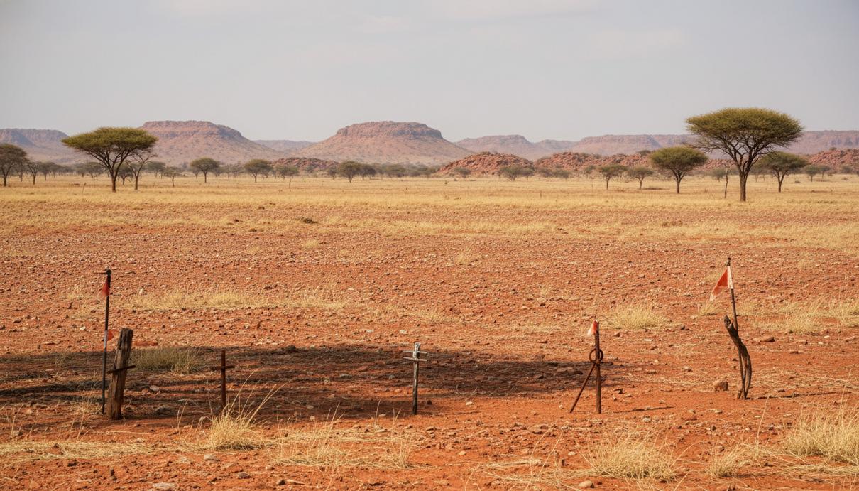 Пейзаж пустыни Калахари в Ботсване с редкими деревьями, низкими грядами холмов и открытым грунтом.