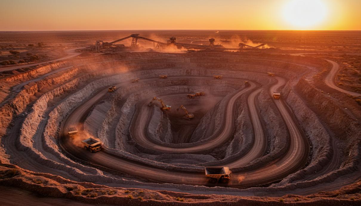 Панорамный вид на масштабный угольный разрез с промышленной техникой и многоуровневыми террасами