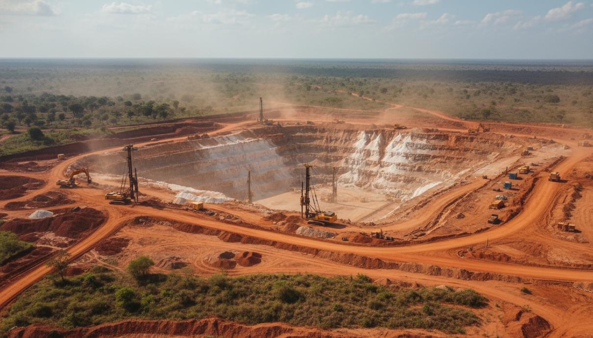 Строительная площадка литиевого рудника в Гане с тяжелой техникой на фоне карьера и растительности