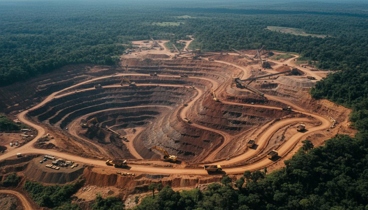 Панорамный вид на никелевый карьер с промышленной техникой среди тропической растительности штата Пара