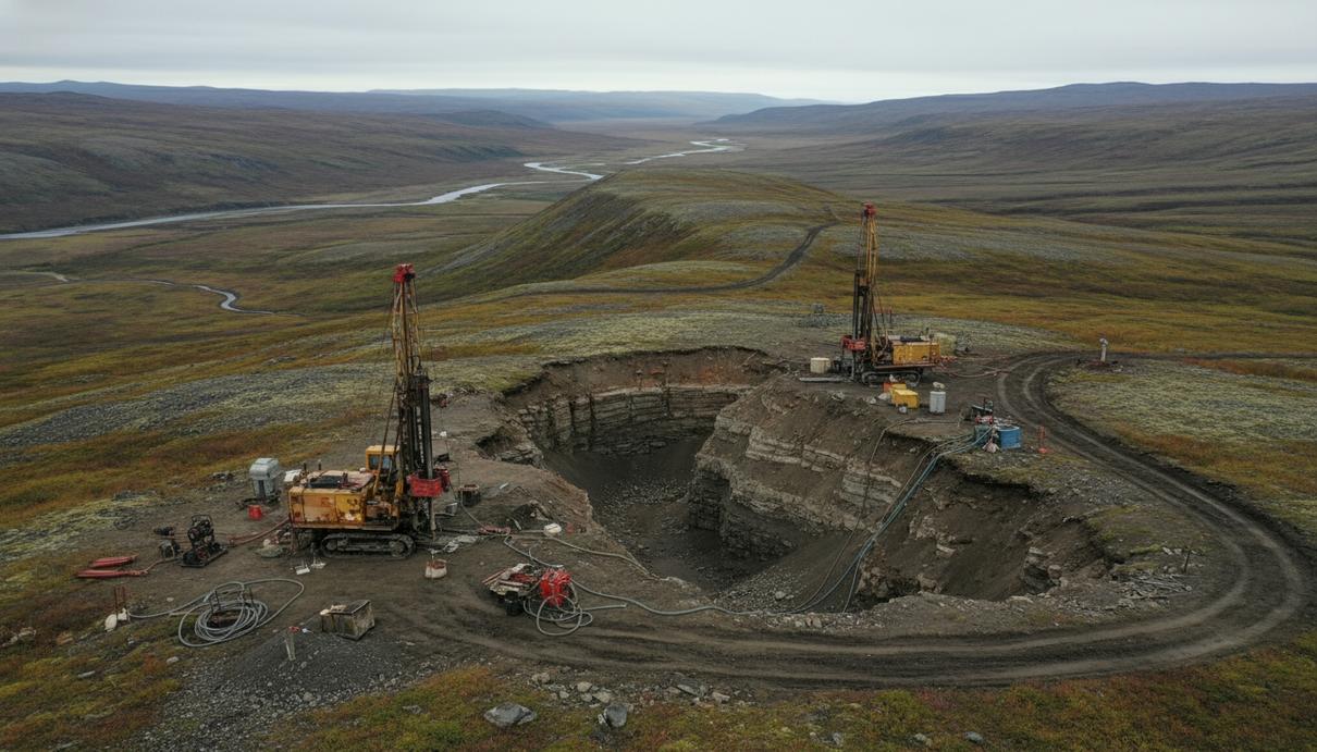 Горнодобывающая площадка с разведочными траншеями и буровой техникой среди сопок Аляски.