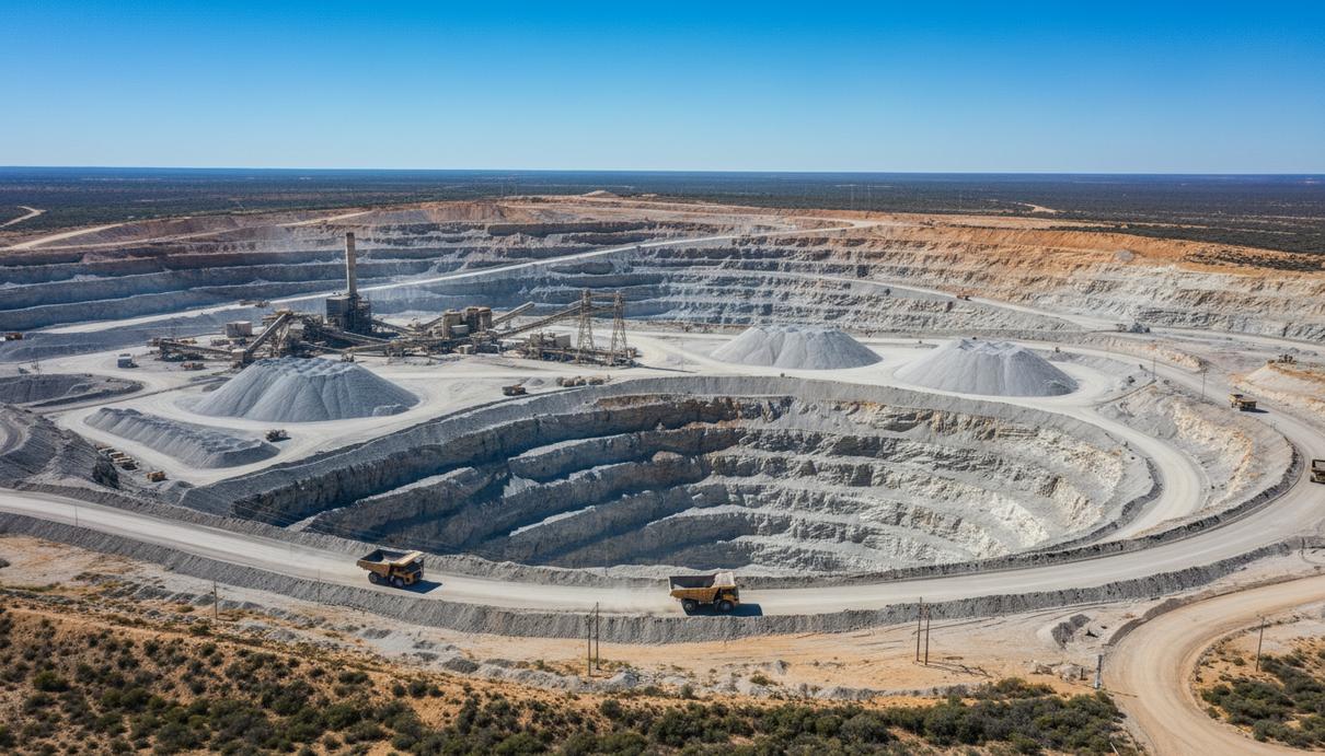 Промышленный пейзаж австралийского открытого карьера с террасами, залежами руды и горнодобывающей инфраструктурой